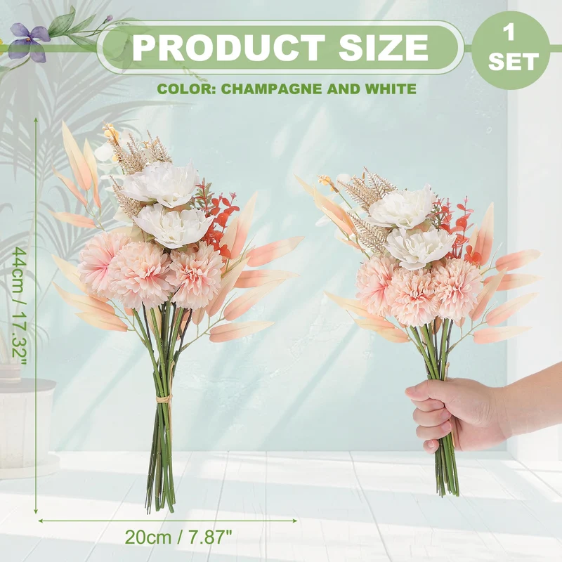 Fake Flower Bouquet, Faux Silk Wedding Bouquets Decorations(Champagne and White)