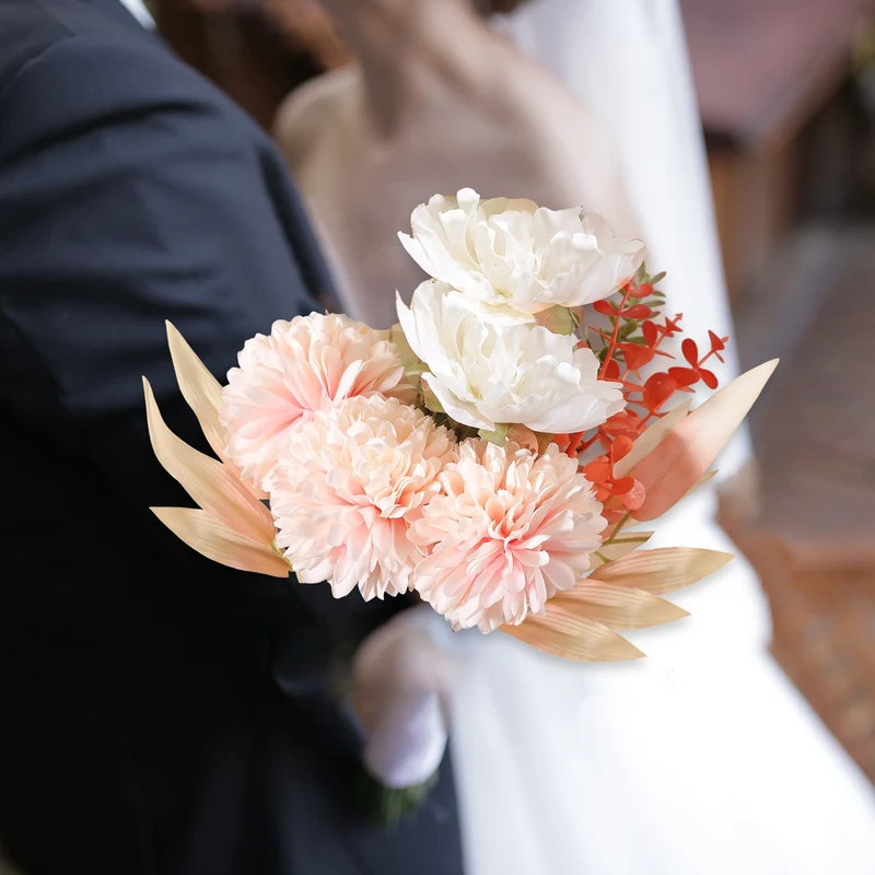 Fake Flower Bouquet, Faux Silk Wedding Bouquets Decorations(Champagne and White)