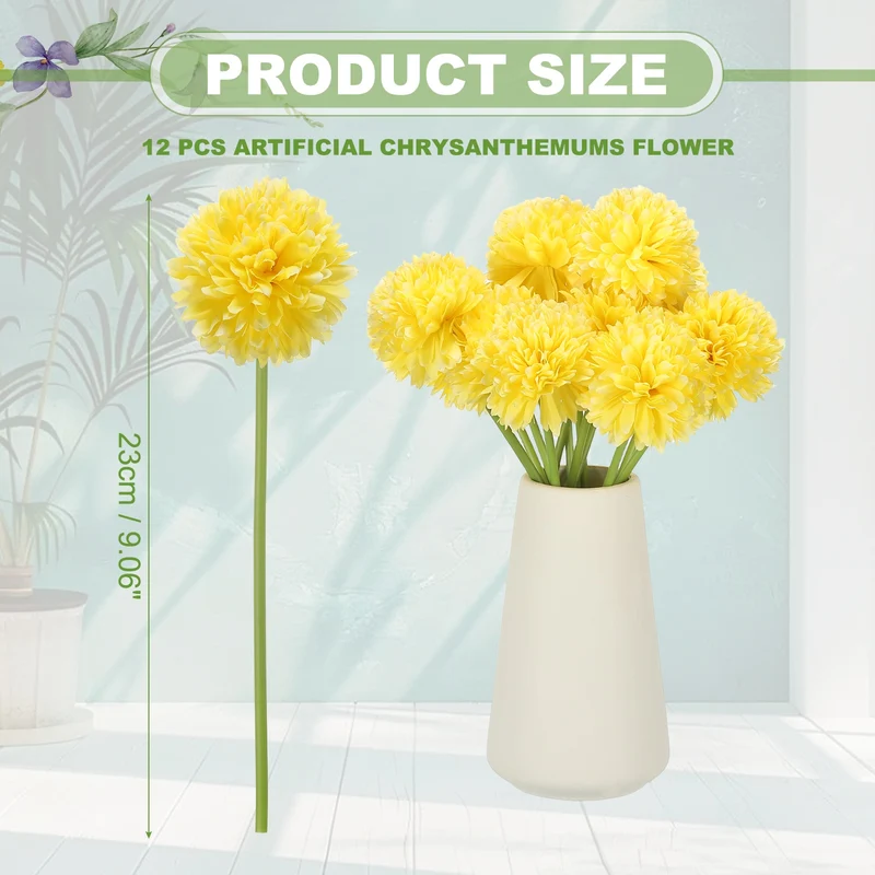 12 Pcs Artificial Chrysanthemums Fake Flowers for Home Decor, Yellow