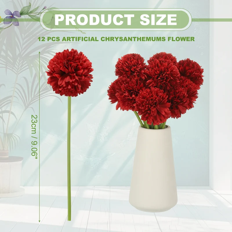 12 Pcs Artificial Chrysanthemums Fake Flowers for Home Decor, Red