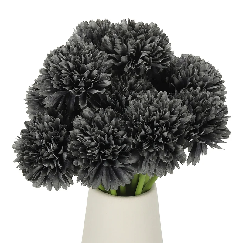 12 Pcs Artificial Chrysanthemums Fake Flowers for Home Decor, Grey-black