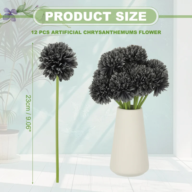 12 Pcs Artificial Chrysanthemums Fake Flowers for Home Decor, Grey-black