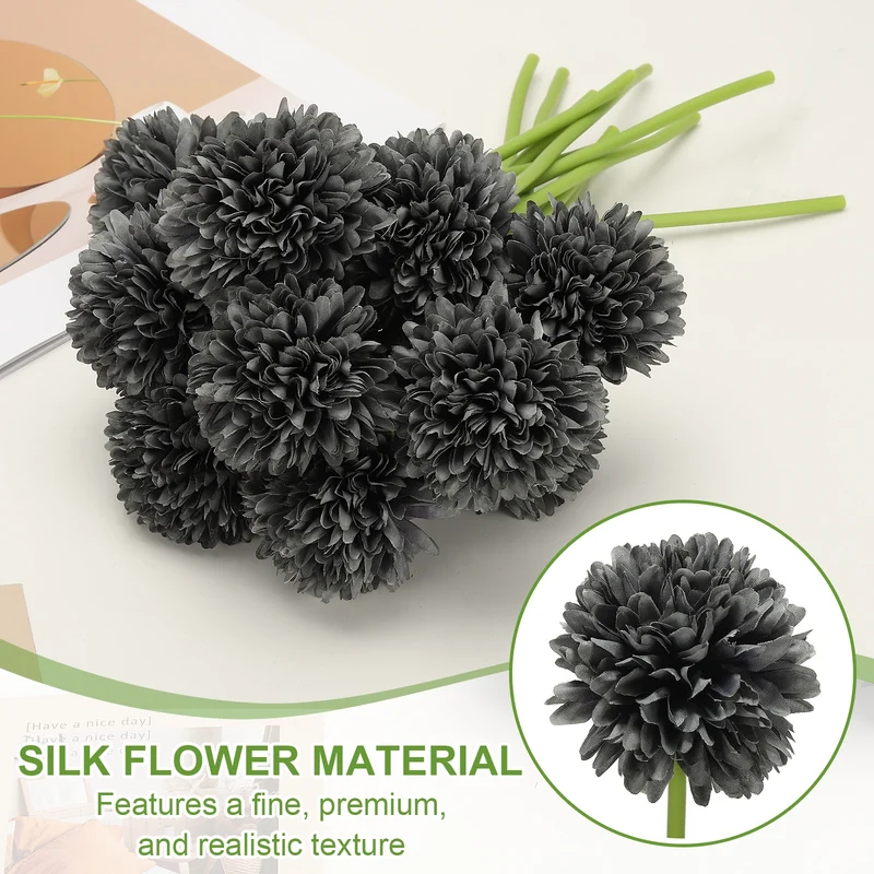 12 Pcs Artificial Chrysanthemums Fake Flowers for Home Decor, Grey-black