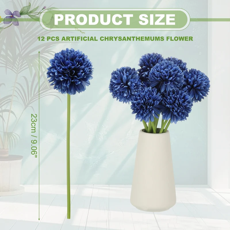 12 Pcs Artificial Chrysanthemums Fake Flowers for Home Decor, Dark Blue