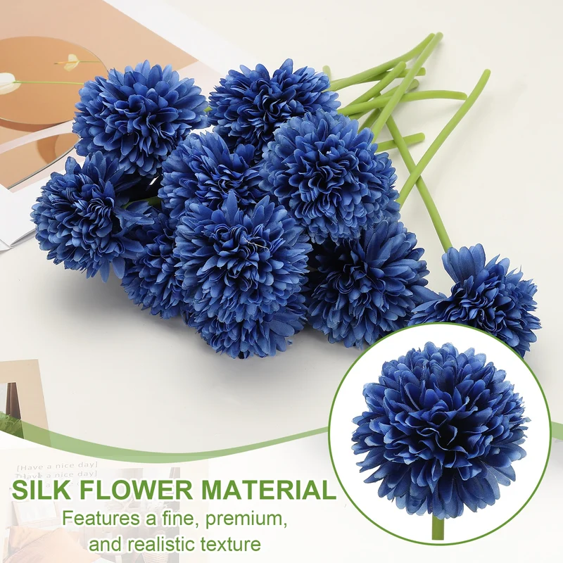 12 Pcs Artificial Chrysanthemums Fake Flowers for Home Decor, Dark Blue