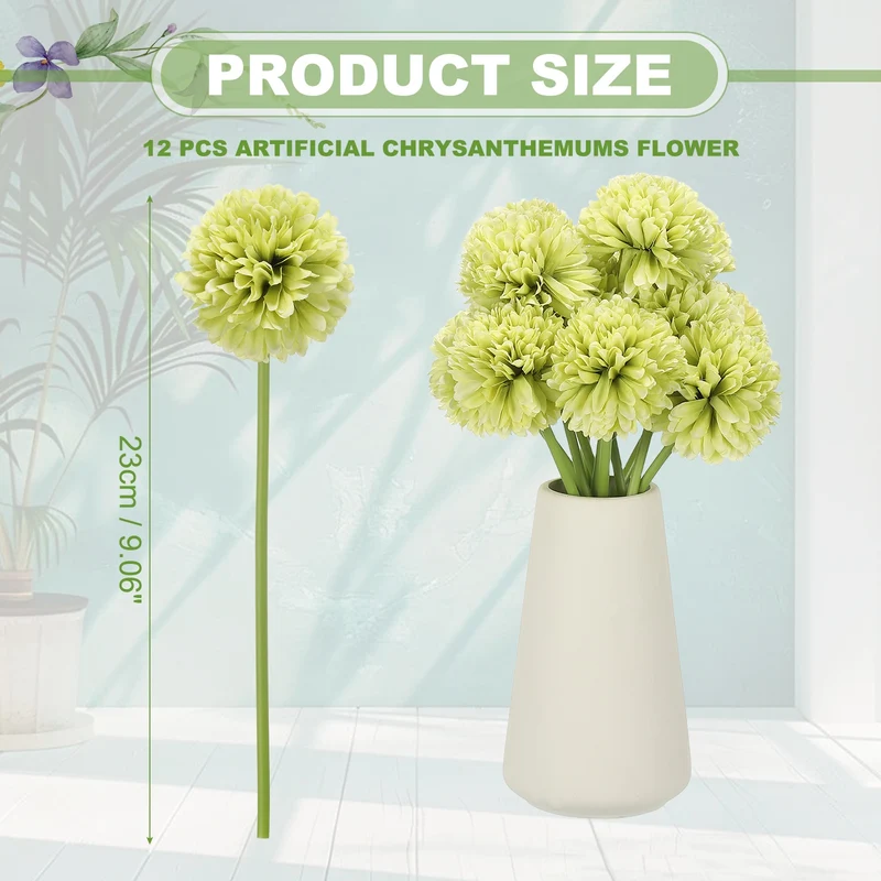 12 Pcs Artificial Chrysanthemums Fake Flowers for Home Decor, Light Green
