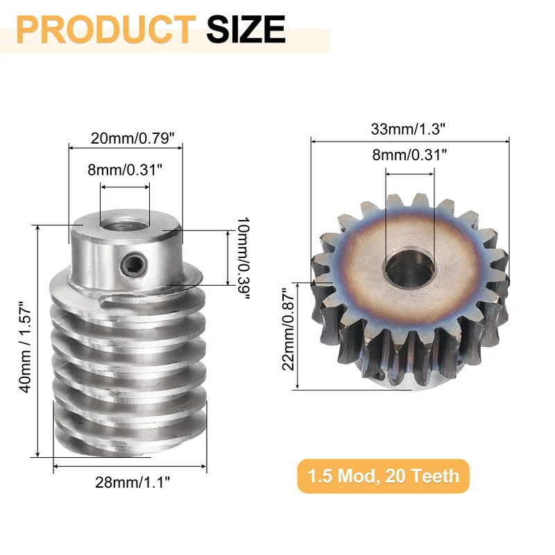 Worm Gear Set 1.5 Module 20:1 Reduction Rate Gear-8mm ID 33mm OD, Rod 8mm Bore