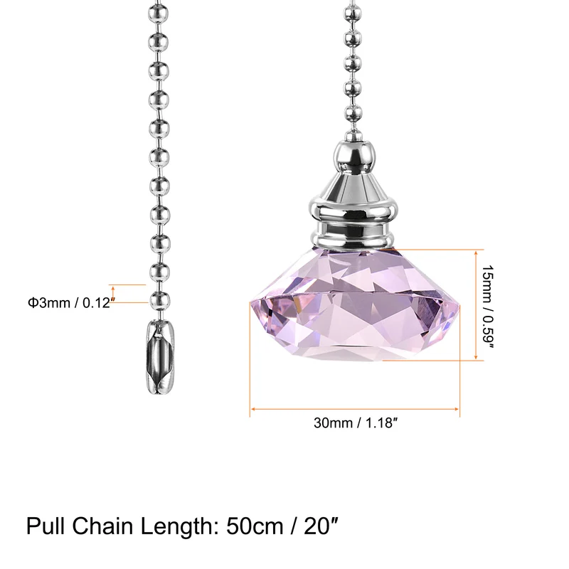20 Inch Ceiling Fan Pull Chain, Decorative Crystal Fan Pull Chain Ornament Extension, 3mm Diameter Beaded Diamond Pendant, Pink