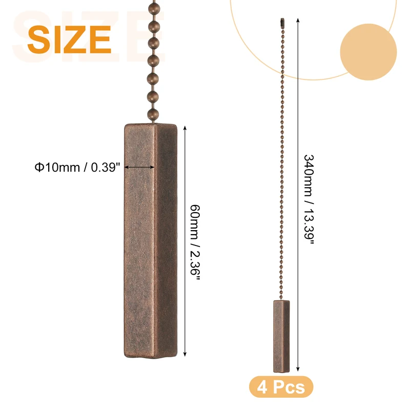 4Pcs 13.4" Alloy Ceiling Fan Pull Chain Square Pendant, Red Bronze