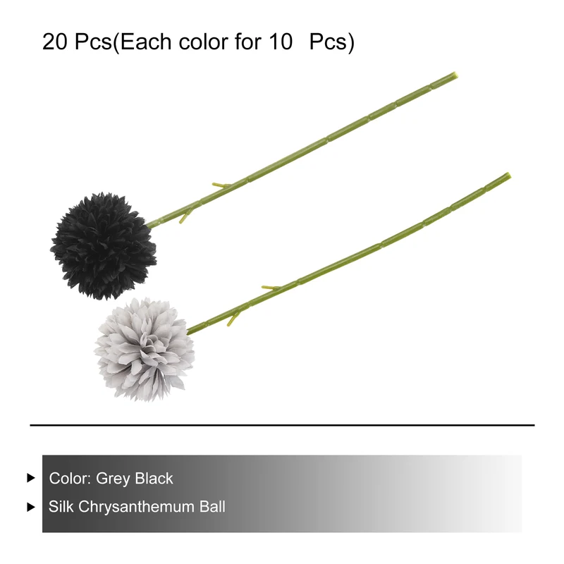20Pcs Artificial Flower Heads, Silk Chrysanthemum Hydrangea Grey Black Faux