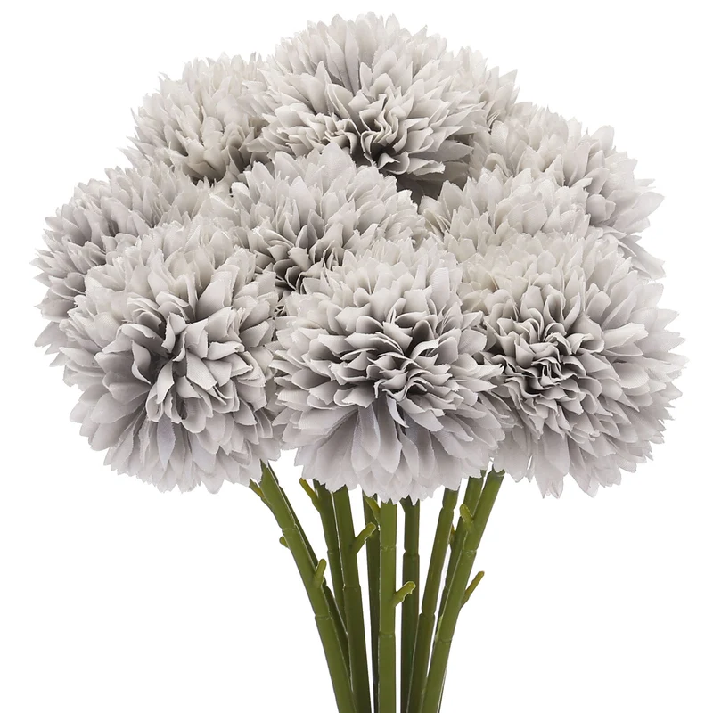 10Pcs Artificial Flower Heads, Silk Chrysanthemum Hydrangea Grey Faux Flowers