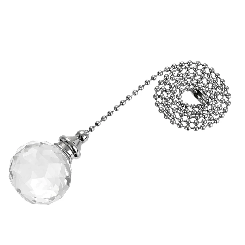 Ceiling Fan Pull Chain, 20 Inch Nickel Finish Chain Ornament Extension, 30mm Clear Crystal Ball Pendant