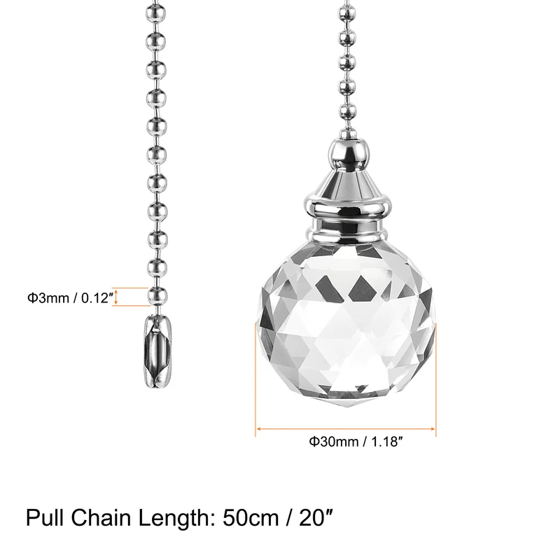 Ceiling Fan Pull Chain, 20 Inch Nickel Finish Chain Ornament Extension, 30mm Clear Crystal Ball Pendant
