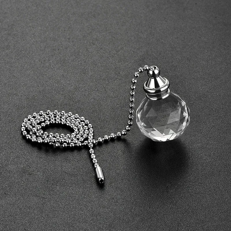 Ceiling Fan Pull Chain, 20 Inch Nickel Finish Chain Ornament Extension, 30mm Clear Crystal Ball Pendant