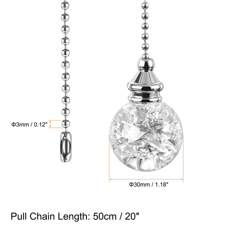 20 Inch Ceiling Fan Pull Chain Extension Ice Cracked Crystal Ball Clear 2Pcs