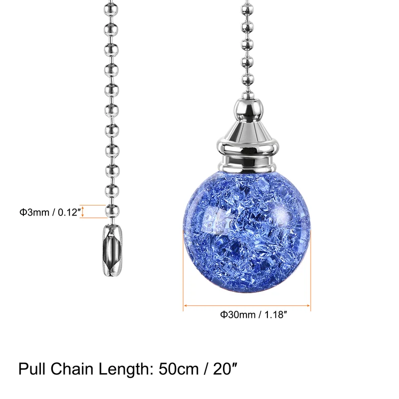 20 Inch Ceiling Fan Pull Chain Extension 30mm Ice Cracked Crystal Ball Light Blue