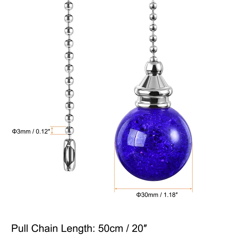 20 Inch Ceiling Fan Pull Chain Extension 30mm Ice Cracked Crystal Ball Blue