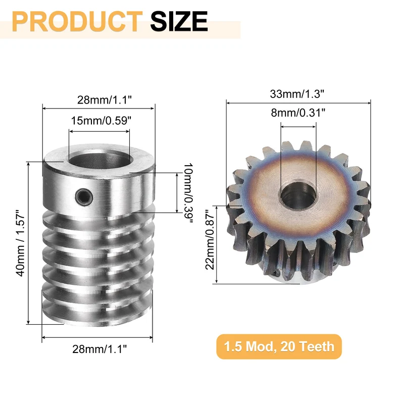 Worm Gear Set 1.5 Module 20:1 Reduction Rate Gear-8mm ID 33mm OD, Rod 15mm Bore