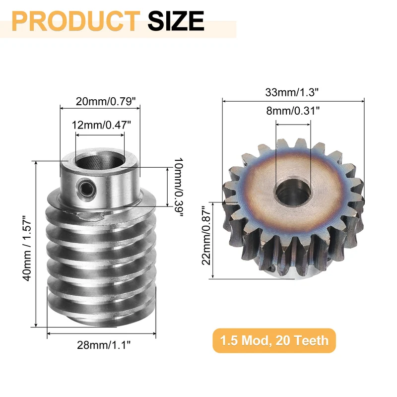 Worm Gear Set 1.5 Module 20:1 Reduction Rate Gear-8mm ID 33mm OD, Rod 12mm Bore