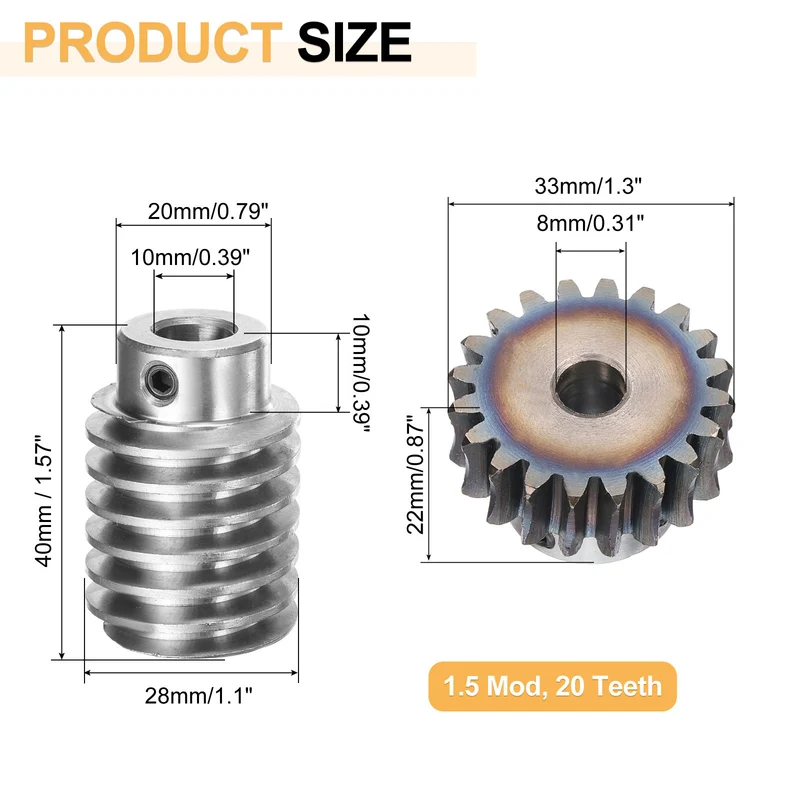 Worm Gear Set 1.5 Module 20:1 Reduction Rate Gear-8mm ID 33mm OD Rod 10mm Bore