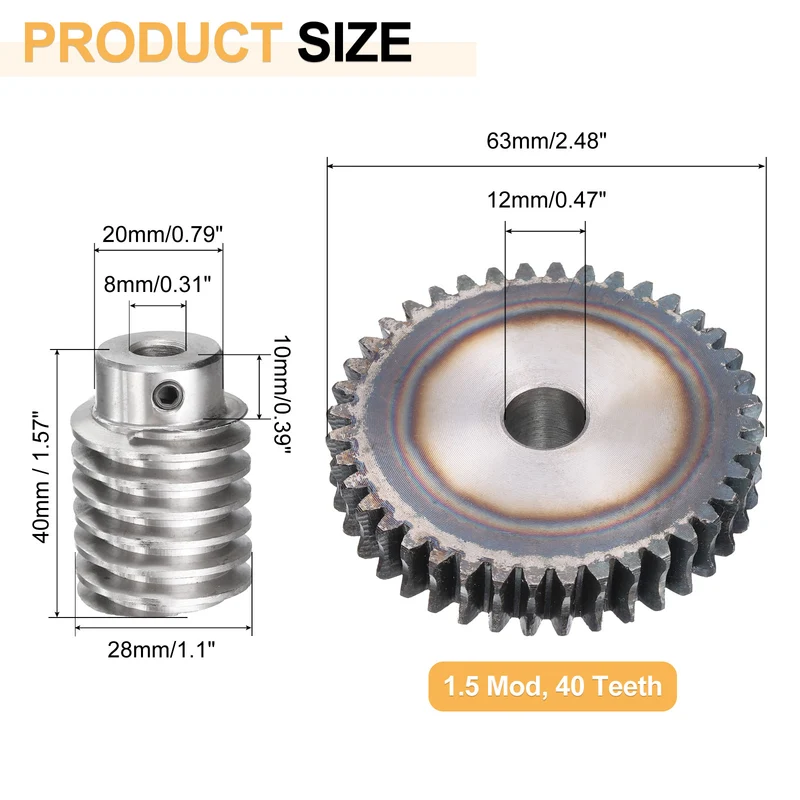 Worm Gear Set 1.5 Module 40:1 Reduction Rate Gear-12mm ID 63mm OD Rod 8mm Bore