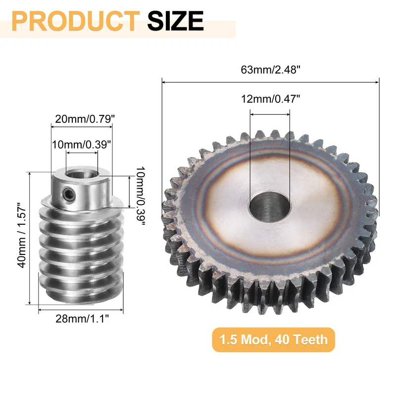 Worm Gear Set 1.5 Module 40:1 Reduction Rate Gear-12mm ID 63mm OD Rod 10mm Bore