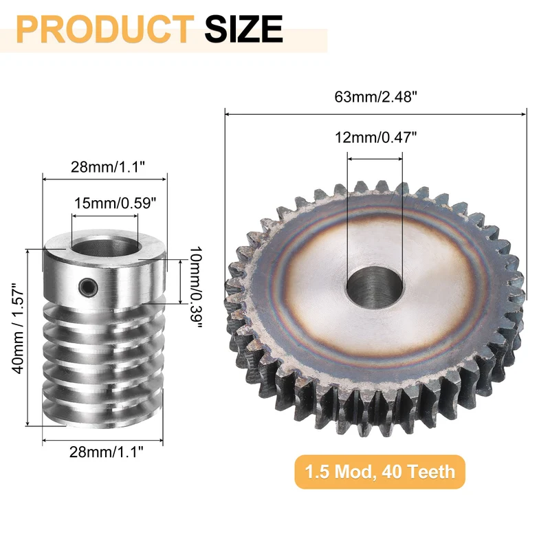 Worm Gear Set 1.5 Module 40:1 Reduction Rate Gear-12mm ID 63mm OD, Rod 15mm Bore