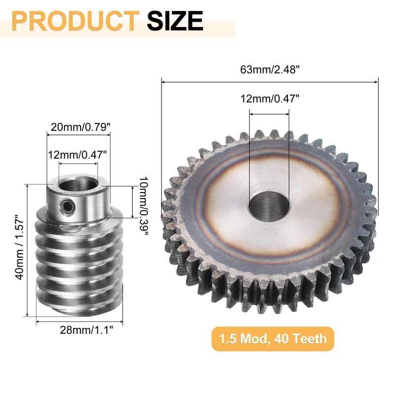 Worm Gear Set 1.5 Module 40:1 Reduction Rate Gear-12mm ID 63mm OD, Rod 12mm Bore