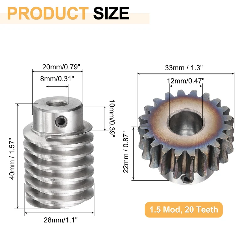 Worm Gear Set 1.5 Module 20:1 Reduction Rate Gear-12mm ID 33mm OD, Rod 8mm Bore