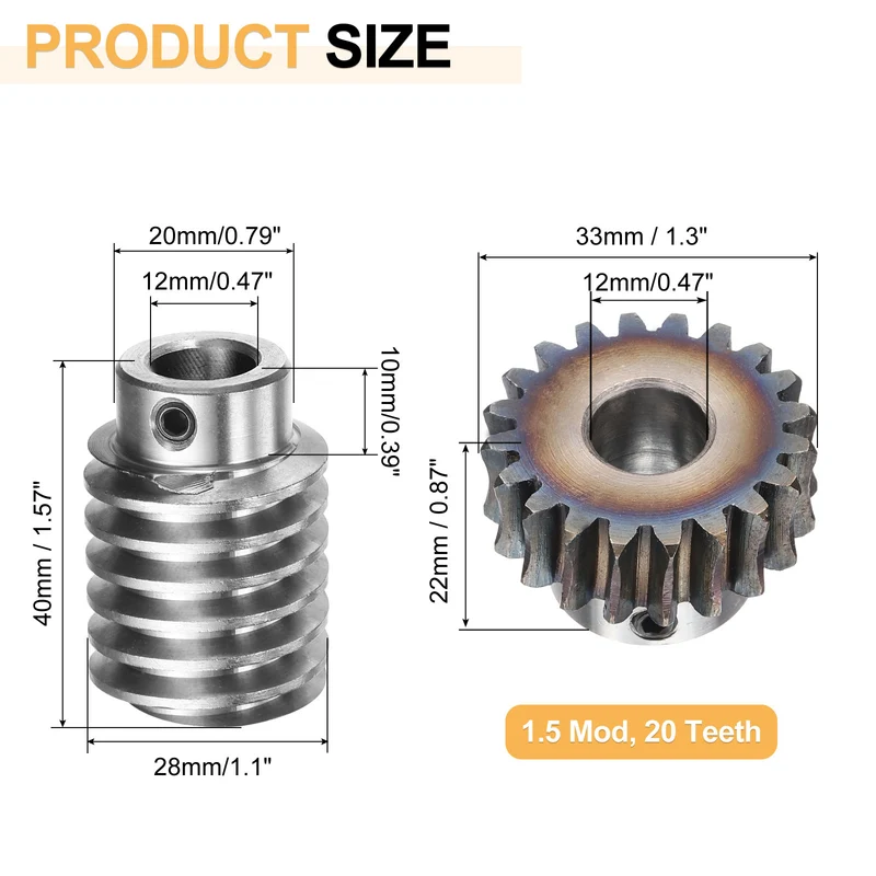 Worm Gear Set 1.5 Module 20:1 Reduction Rate Gear-12mm ID 33mm OD, Rod 12mm Bore