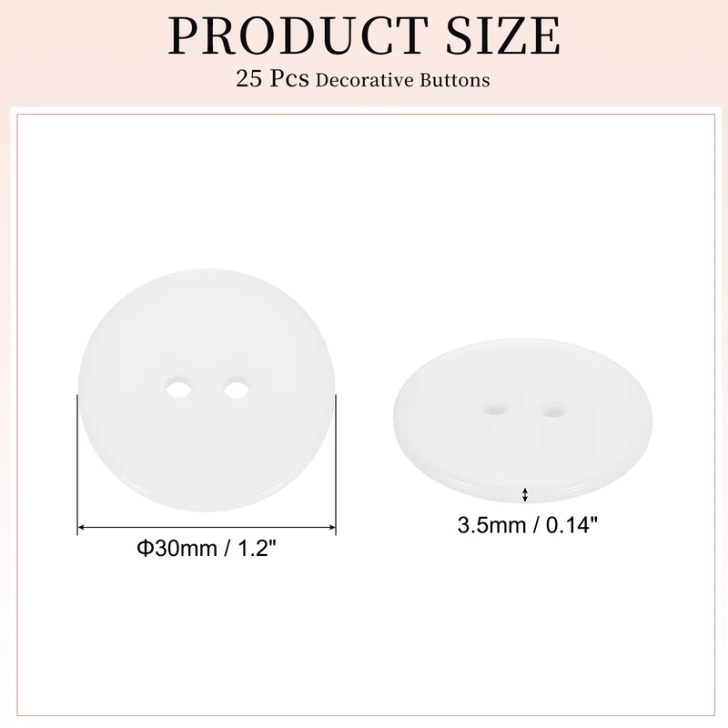 25 Pcs 30mm Resin Sewing Buttons, 2 Hole for Sewing Coats Shirts, White