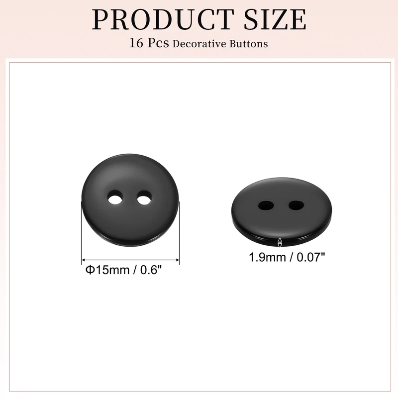 16 Pcs 15mm Resin Sewing Buttons, 2 Hole for Sewing Coats Shirts, Black