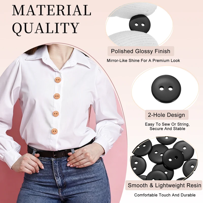 16 Pcs 15mm Resin Sewing Buttons, 2 Hole for Sewing Coats Shirts, Black