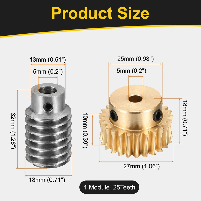 Worm Gear Set 1 Module 25:1 Reduction Rate(Gear-5mm Bore, Rod 5mm Bore)