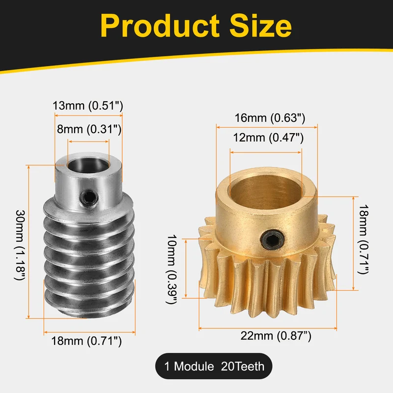 Worm Gear Set 1 Module 20:1 Reduction Rate(Gear-12mm Bore, Rod 8mm Bore)