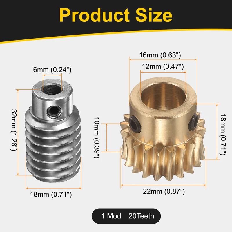 Worm Gear Set 1 Module 20:1 Reduction Rate(Gear-12mm Bore, Rod 6mm Bore)