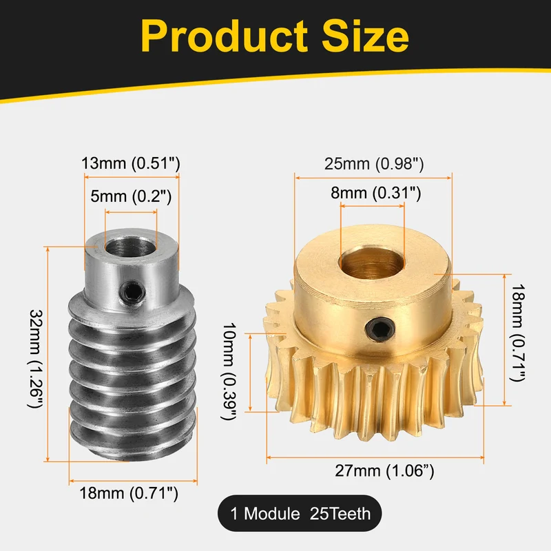 Worm Gear Set 1 Module 25:1 Reduction Rate(Gear-8mm Bore, Rod 5mm Bore)