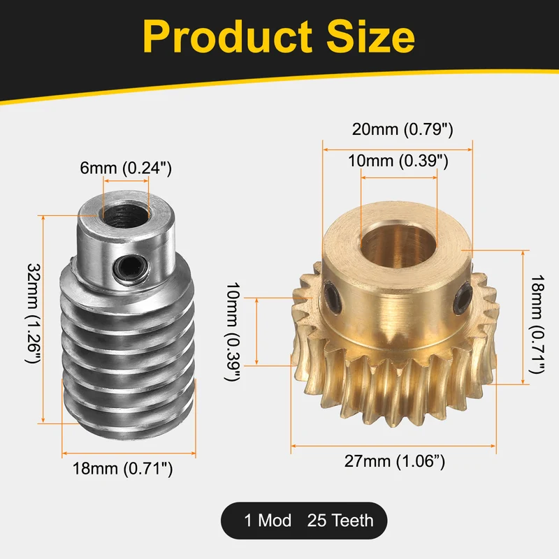 Worm Gear Set 1 Module 25:1 Reduction Rate(Gear-10mm Bore, Rod 6mm Bore)