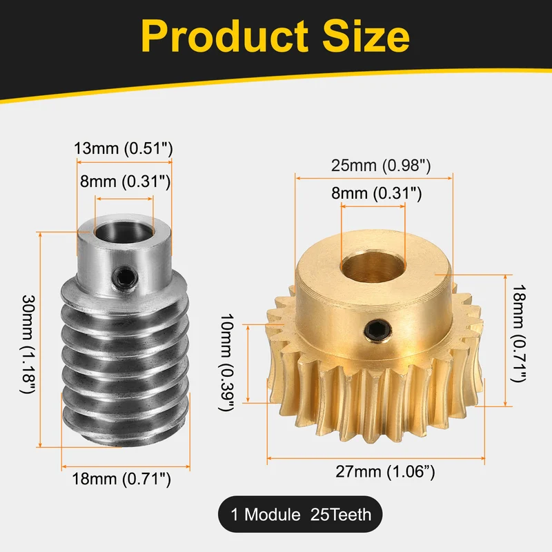 Worm Gear Set 1 Module 25:1 Reduction Rate(Gear-8mm Bore, Rod 8mm Bore)