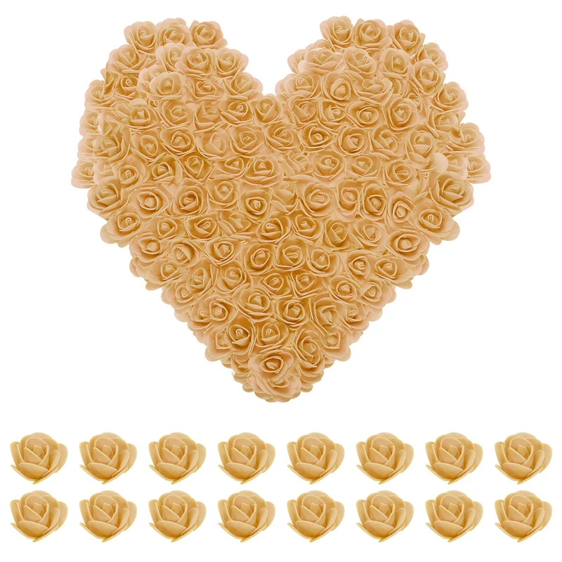 Artificial Rose Flower Heads, Gold Tone PE Faux Flowers 1.38 Inch 250Pcs