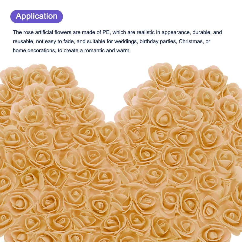 Artificial Rose Flower Heads, Gold Tone PE Faux Flowers 1.38 Inch 250Pcs