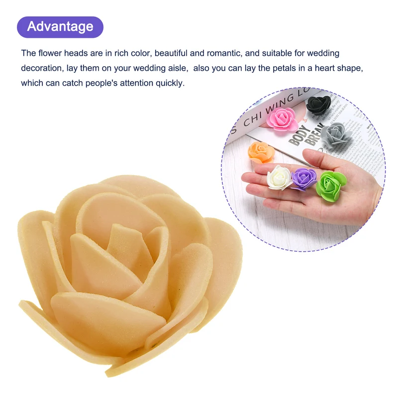 Artificial Rose Flower Heads, Gold Tone PE Faux Flowers 1.38 Inch 250Pcs