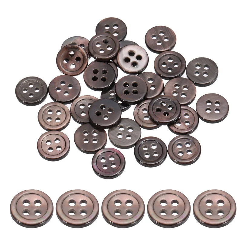 30Pcs 10mm Mother of Pearl Buttons, 4 Holes MOP Pearl Shell Buttons, Brown