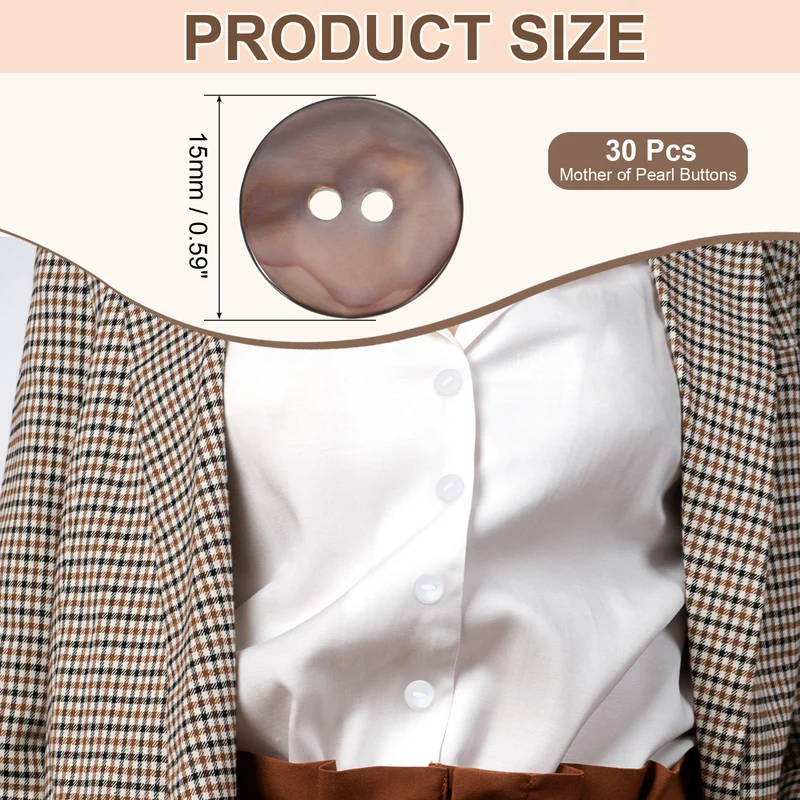 30Pcs 15mm Mother of Pearl Buttons 2 Holes Round Pearlized for Sewing Brown