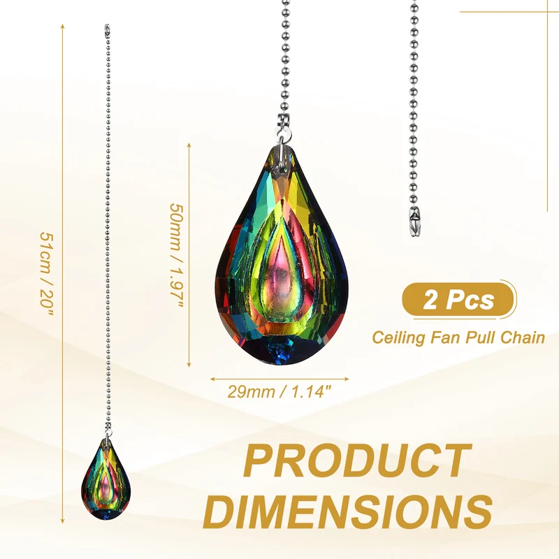 2 Pcs Crystal Ceiling Fan Pull Chain Extender 20 Inch, New Teardrop Shape