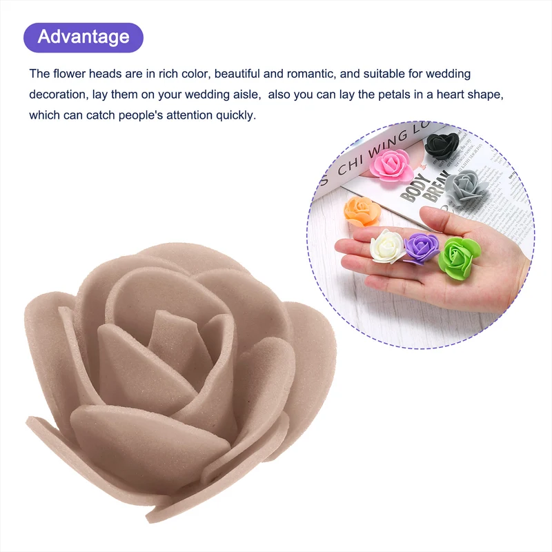 Artificial Rose Flower Heads, Brown PE Faux Flowers 1.38 Inch Diameter 250Pcs