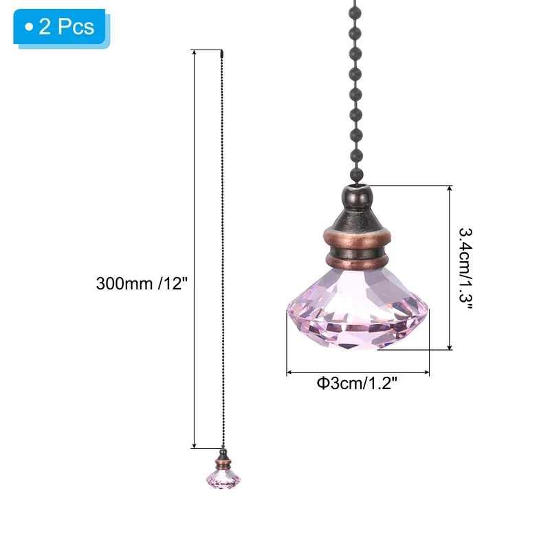 Ceiling Fan Pull Chain, 2Pcs 12" Diamond Pendant Chain Extender, Pink