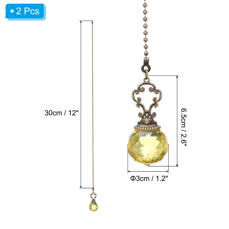 Ceiling Fan Pull Chain, 2Pcs 12" Crystal Ball Pendant Chain Extender, Yellow