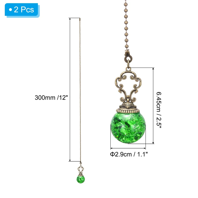 Ceiling Fan Pull Chain, 2Pcs 12" Ball Pendant Chain Extender, Green