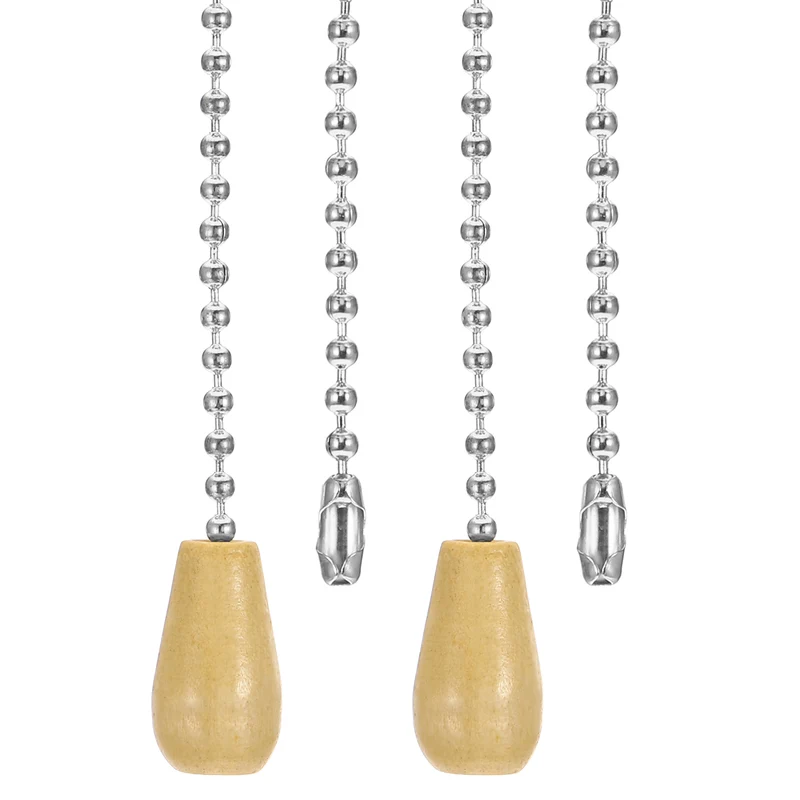 2 Pcs 1M Ceiling Fan Light Beaded Pull Chain with Wooden Pendant, Silver Tone